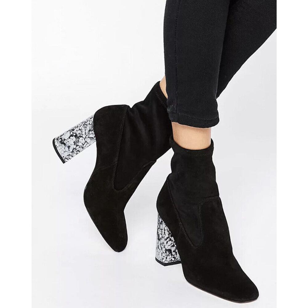 Modern Suede Stretch Sock Ankle Boot Size 38 EU 7.5 US Marbled Heel New Look